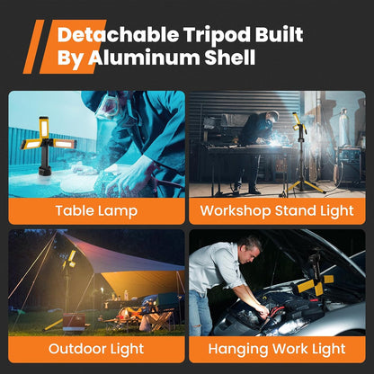 Rechargeable Work Light with Stand, Cordless Work Light with Triple LED Lamps, 8AH Battery, 700/1200/2200 Lumen, 4000/6500K Dimmable Camping Light with Detachable Tripod（Yellow）