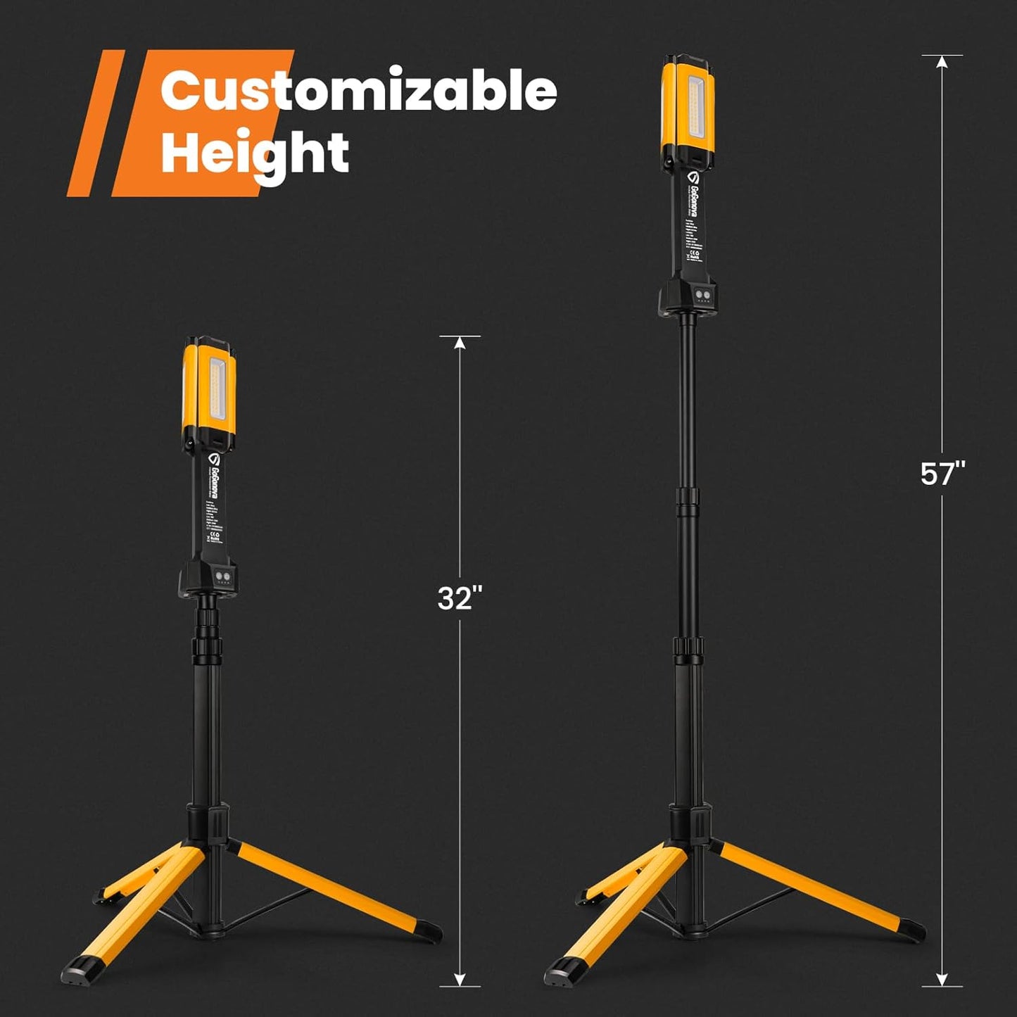 Rechargeable Work Light with Stand, Cordless Work Light with Triple LED Lamps, 8AH Battery, 700/1200/2200 Lumen, 4000/6500K Dimmable Camping Light with Detachable Tripod（Yellow）