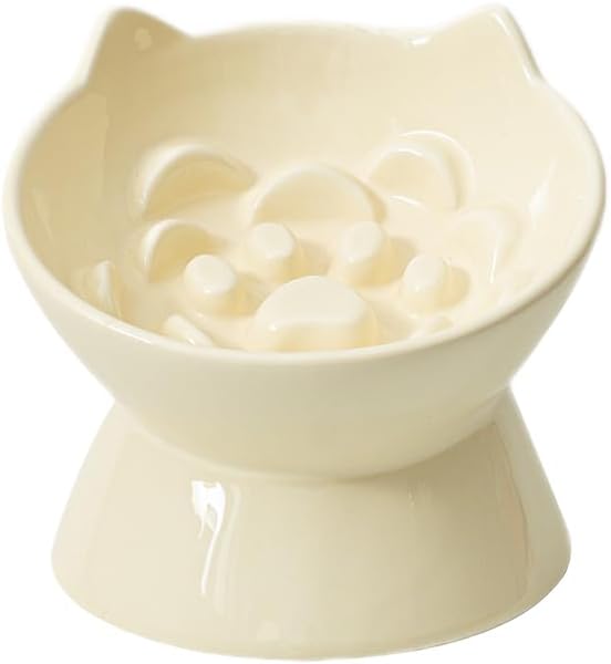 Macarons Series Ceramic Slow Feeder Cat Bowl, Raised Puzzle Feeder, Anti Vomiting Cat Slow Feeding, Elevated Food Bowl, Whisker Friendly Pet Bowl with Cute Ear Design (Yellow)