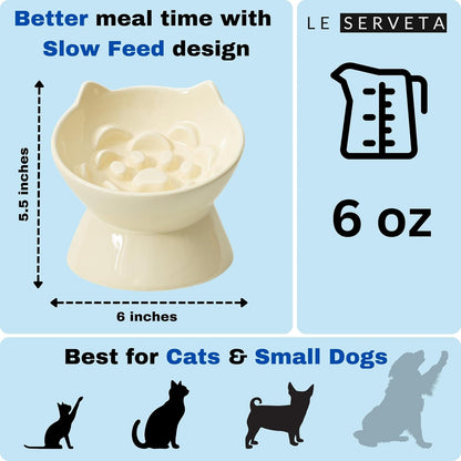 Macarons Series Ceramic Slow Feeder Cat Bowl, Raised Puzzle Feeder, Anti Vomiting Cat Slow Feeding, Elevated Food Bowl, Whisker Friendly Pet Bowl with Cute Ear Design (Yellow)