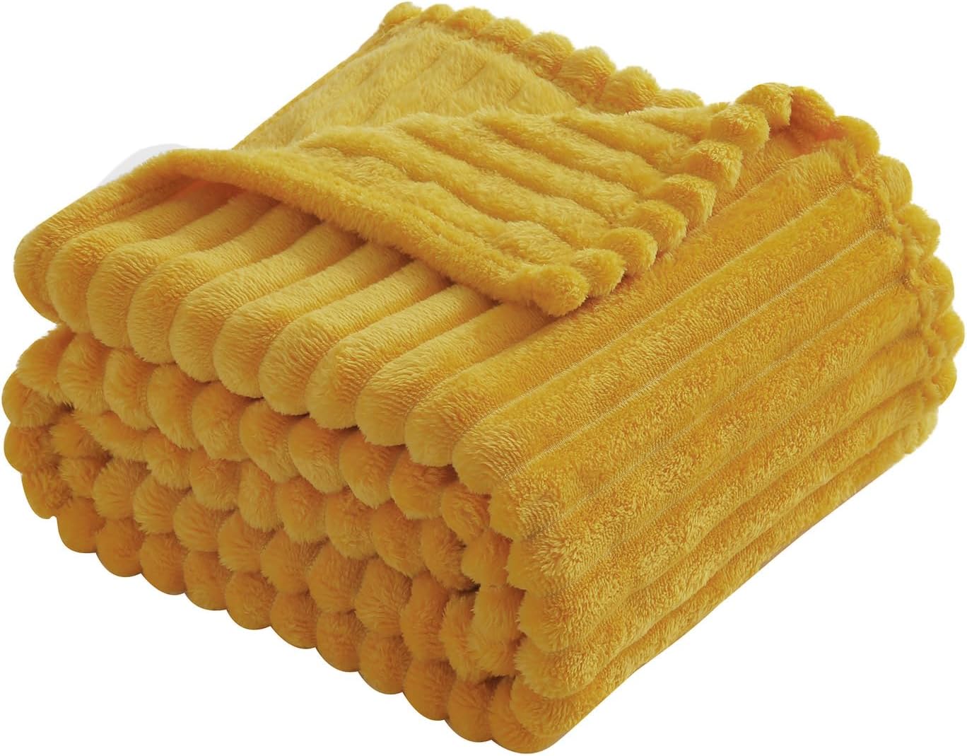 Mustard Yellow Fleece Throw Blanket 50”×60” for Couch Sofa Bed,Super Soft Cozy Plush Microfiber Flannel Blanket with Stripes Design Lightweight for Adults,Woman