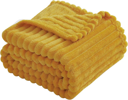 Mustard Yellow Fleece Throw Blanket 50”×60” for Couch Sofa Bed,Super Soft Cozy Plush Microfiber Flannel Blanket with Stripes Design Lightweight for Adults,Woman