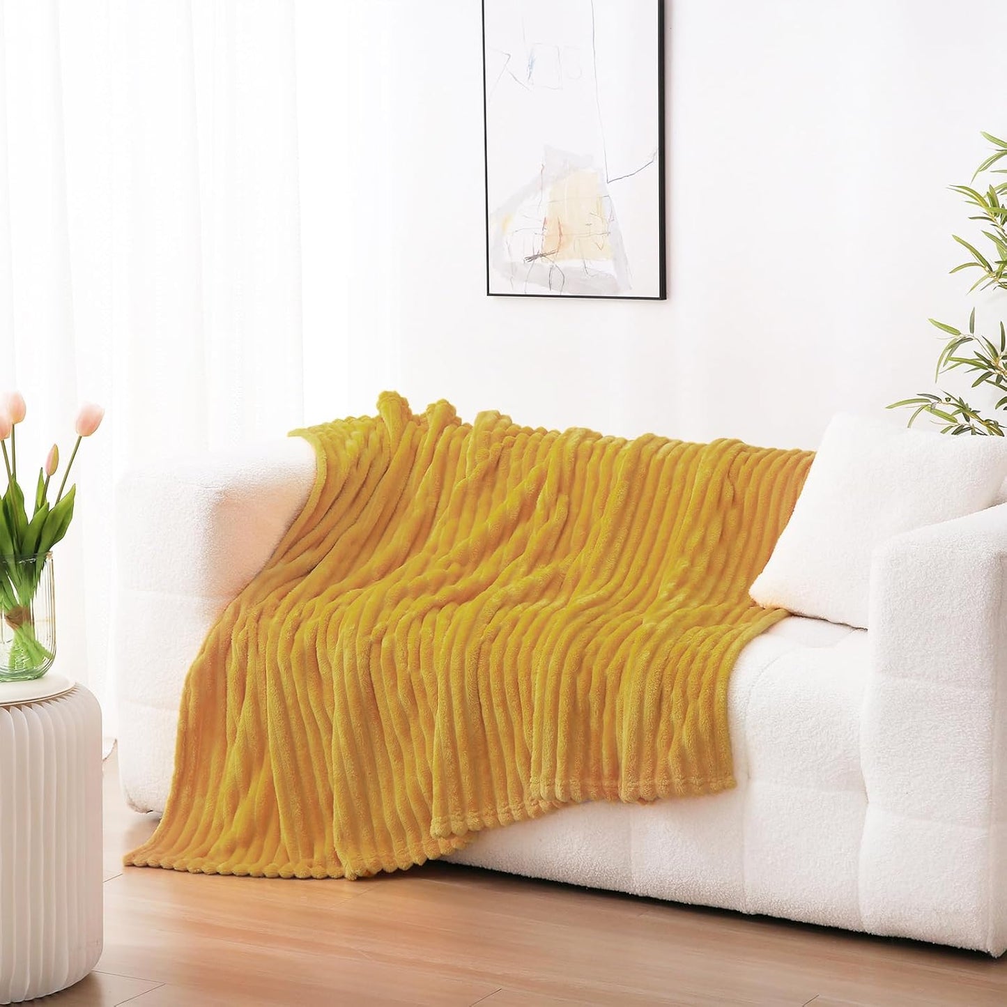 Mustard Yellow Fleece Throw Blanket 50”×60” for Couch Sofa Bed,Super Soft Cozy Plush Microfiber Flannel Blanket with Stripes Design Lightweight for Adults,Woman