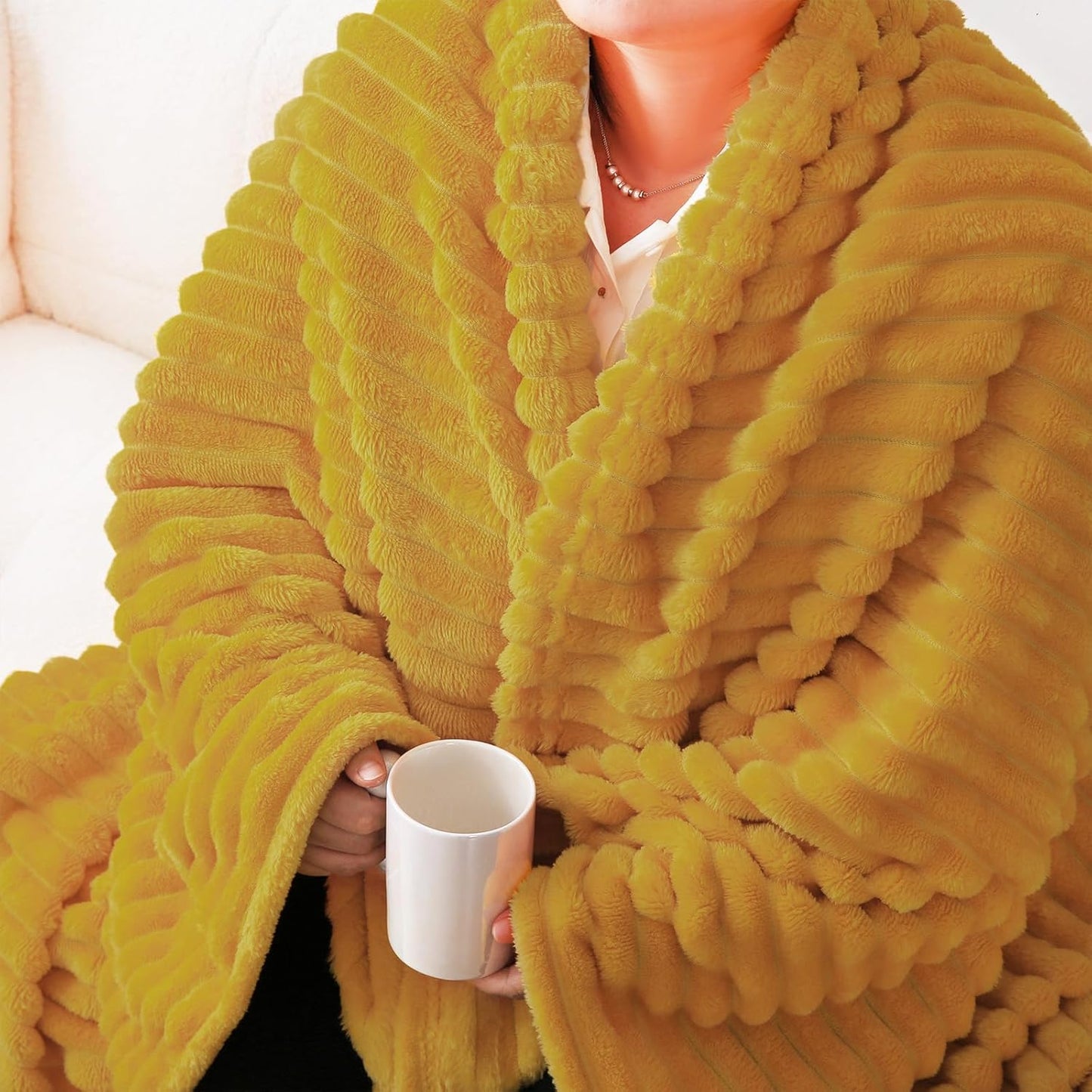 Mustard Yellow Fleece Throw Blanket 50”×60” for Couch Sofa Bed,Super Soft Cozy Plush Microfiber Flannel Blanket with Stripes Design Lightweight for Adults,Woman