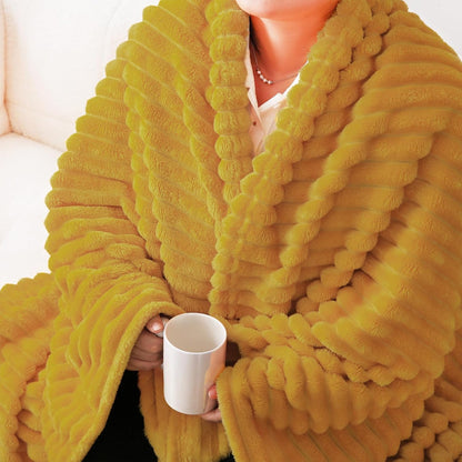 Mustard Yellow Fleece Throw Blanket 50”×60” for Couch Sofa Bed,Super Soft Cozy Plush Microfiber Flannel Blanket with Stripes Design Lightweight for Adults,Woman