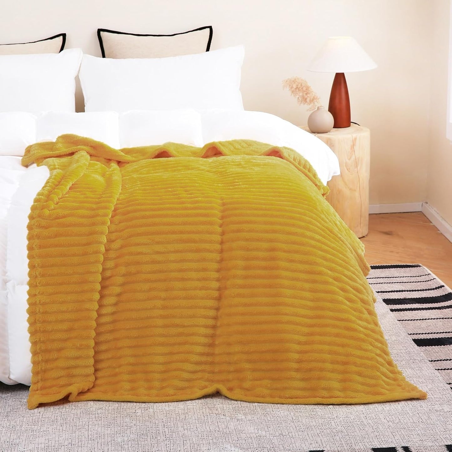 Mustard Yellow Fleece Throw Blanket 50”×60” for Couch Sofa Bed,Super Soft Cozy Plush Microfiber Flannel Blanket with Stripes Design Lightweight for Adults,Woman
