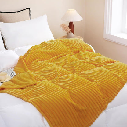Mustard Yellow Fleece Throw Blanket 50”×60” for Couch Sofa Bed,Super Soft Cozy Plush Microfiber Flannel Blanket with Stripes Design Lightweight for Adults,Woman