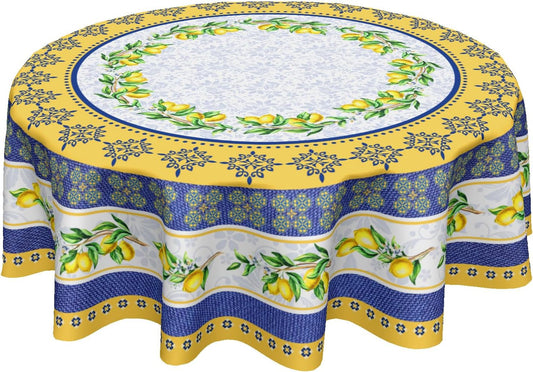 Lemon Tablecloth Round 70 Inch Italian Lemon Yellow and Blue Table Cloth Circle Summer Fruit Table Cover Tabletop for Dining Room Kitchen Party Picnic Dinner Table Decor