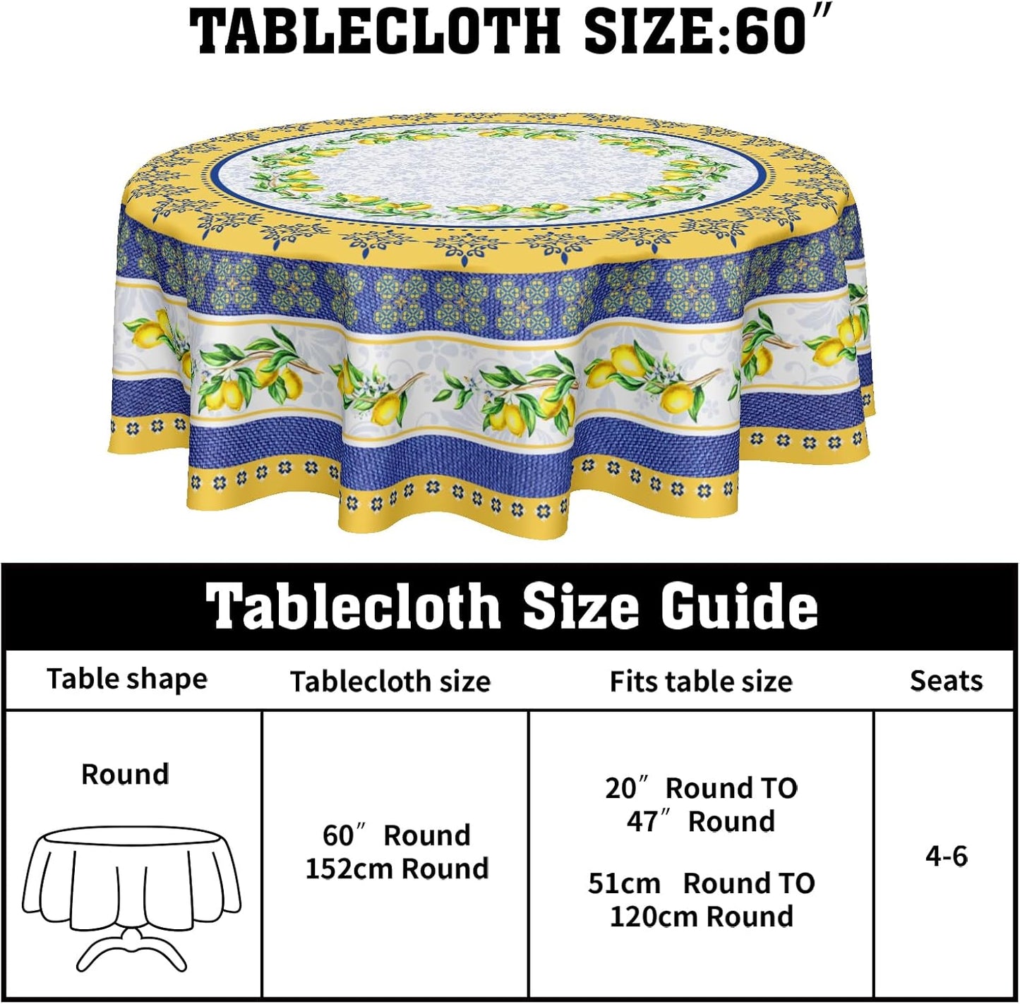Lemon Tablecloth Round 70 Inch Italian Lemon Yellow and Blue Table Cloth Circle Summer Fruit Table Cover Tabletop for Dining Room Kitchen Party Picnic Dinner Table Decor