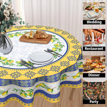 Lemon Tablecloth Round 70 Inch Italian Lemon Yellow and Blue Table Cloth Circle Summer Fruit Table Cover Tabletop for Dining Room Kitchen Party Picnic Dinner Table Decor