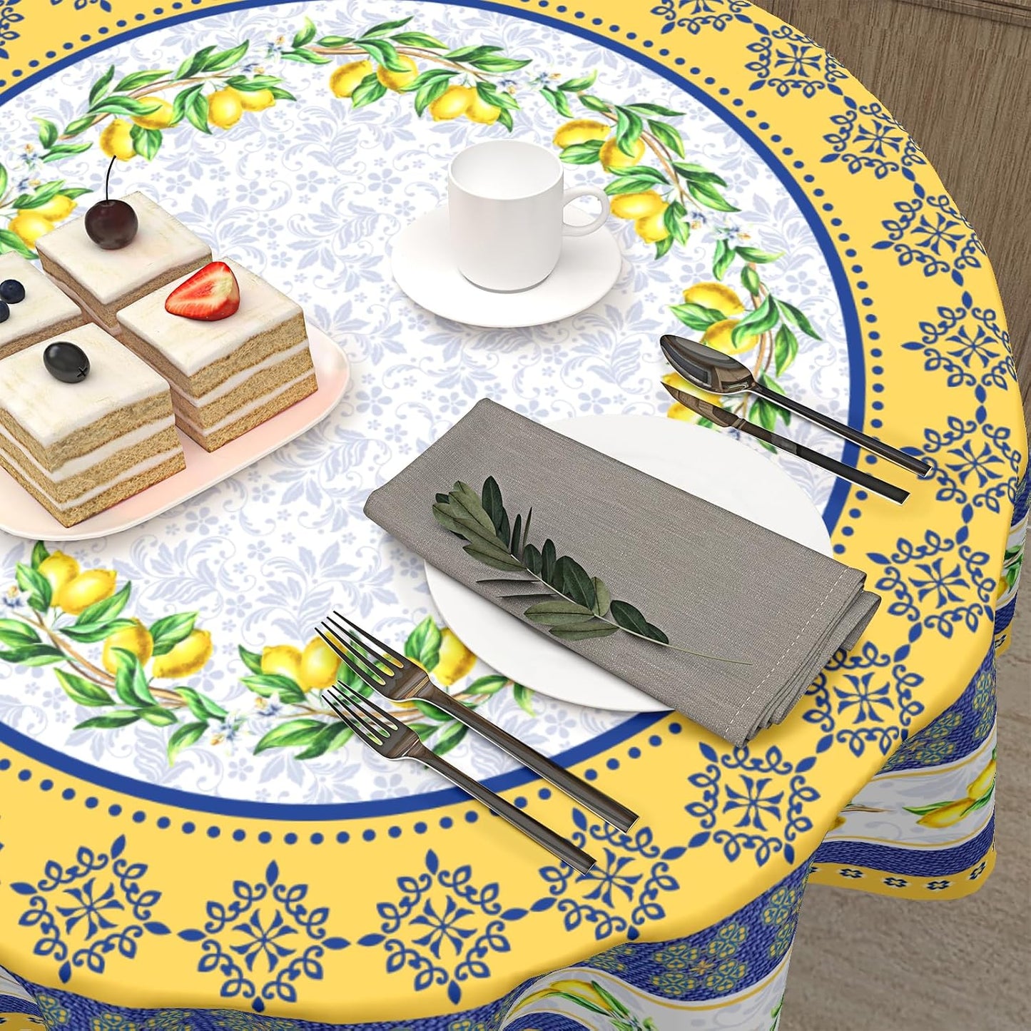 Lemon Tablecloth Round 70 Inch Italian Lemon Yellow and Blue Table Cloth Circle Summer Fruit Table Cover Tabletop for Dining Room Kitchen Party Picnic Dinner Table Decor