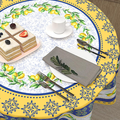 Lemon Tablecloth Round 70 Inch Italian Lemon Yellow and Blue Table Cloth Circle Summer Fruit Table Cover Tabletop for Dining Room Kitchen Party Picnic Dinner Table Decor