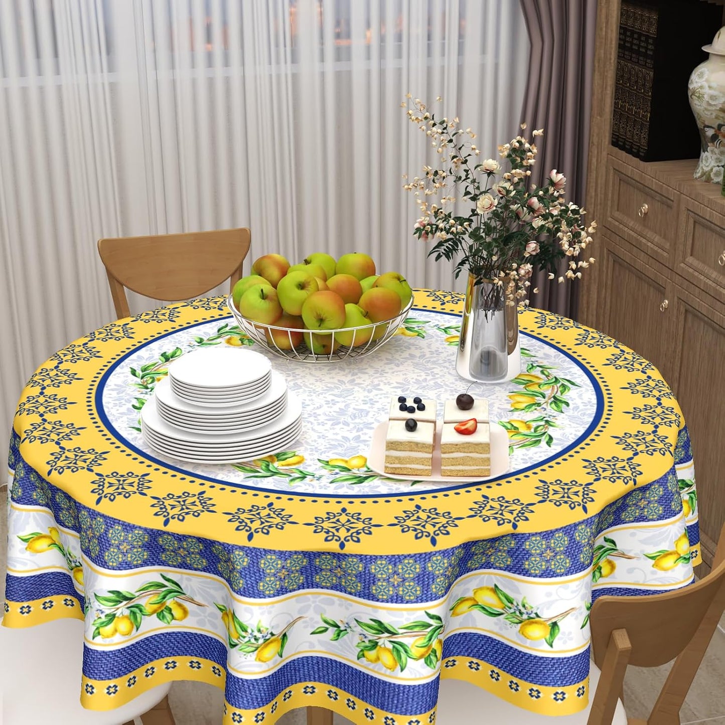 Lemon Tablecloth Round 70 Inch Italian Lemon Yellow and Blue Table Cloth Circle Summer Fruit Table Cover Tabletop for Dining Room Kitchen Party Picnic Dinner Table Decor