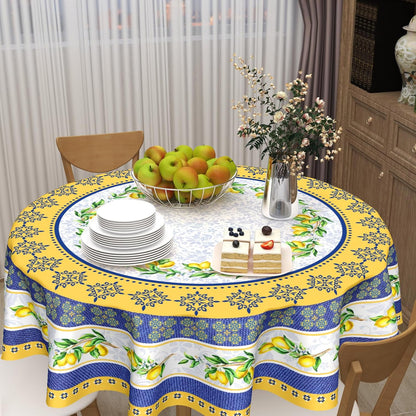 Lemon Tablecloth Round 70 Inch Italian Lemon Yellow and Blue Table Cloth Circle Summer Fruit Table Cover Tabletop for Dining Room Kitchen Party Picnic Dinner Table Decor