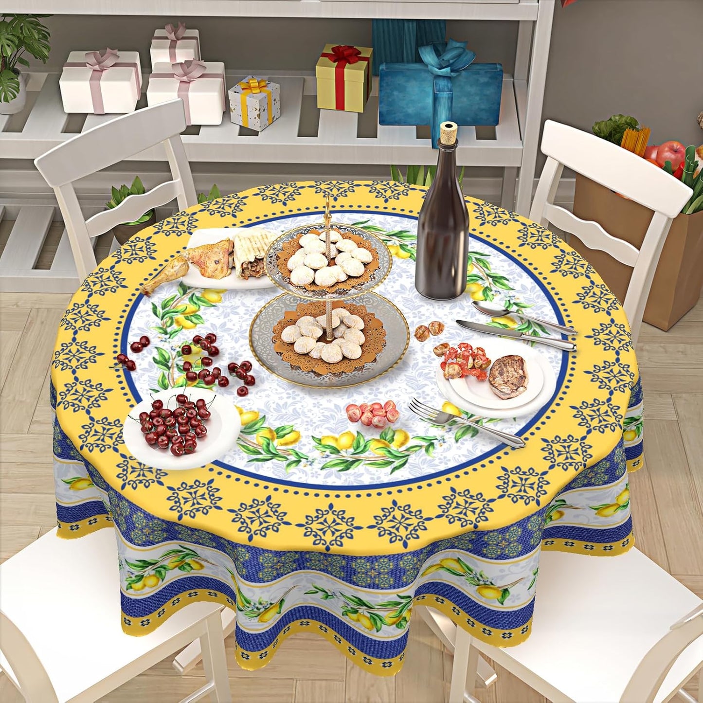 Lemon Tablecloth Round 70 Inch Italian Lemon Yellow and Blue Table Cloth Circle Summer Fruit Table Cover Tabletop for Dining Room Kitchen Party Picnic Dinner Table Decor