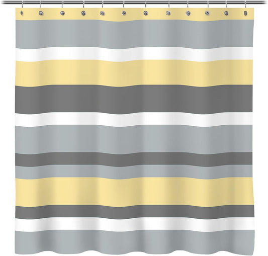 Yellow Gray Horizontal Stripes Water-Repellent Fabric Shower Curtain with Reinforced Metal Grommets Refreshing Striped Design Bathroom Decor