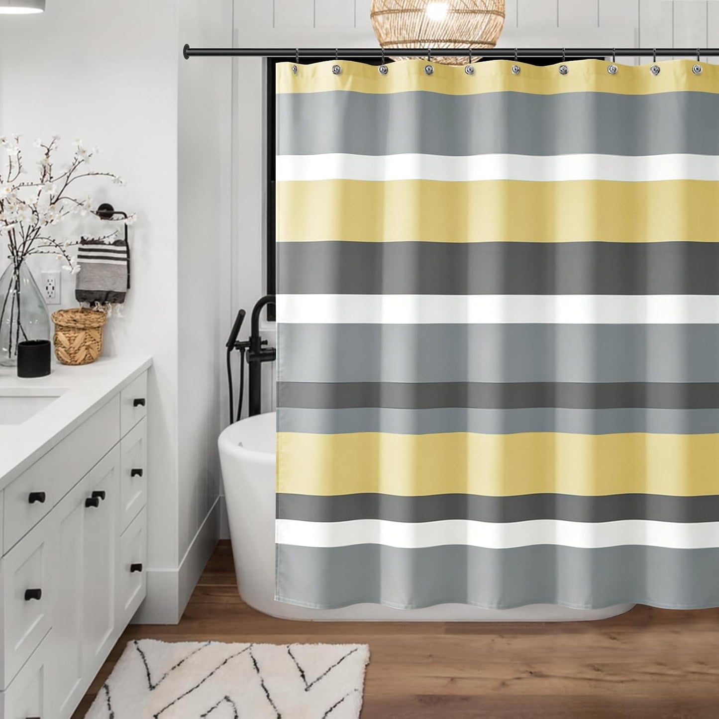 Yellow Gray Horizontal Stripes Water-Repellent Fabric Shower Curtain with Reinforced Metal Grommets Refreshing Striped Design Bathroom Decor