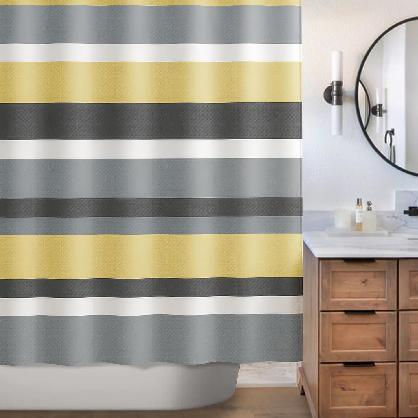 Yellow Gray Horizontal Stripes Water-Repellent Fabric Shower Curtain with Reinforced Metal Grommets Refreshing Striped Design Bathroom Decor