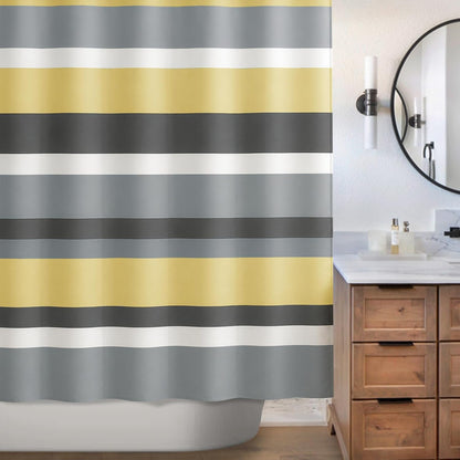 Yellow Gray Horizontal Stripes Water-Repellent Fabric Shower Curtain with Reinforced Metal Grommets Refreshing Striped Design Bathroom Decor
