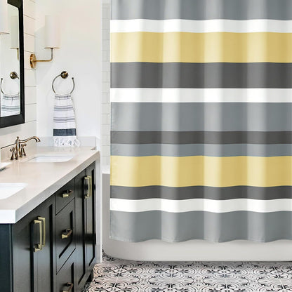 Yellow Gray Horizontal Stripes Water-Repellent Fabric Shower Curtain with Reinforced Metal Grommets Refreshing Striped Design Bathroom Decor