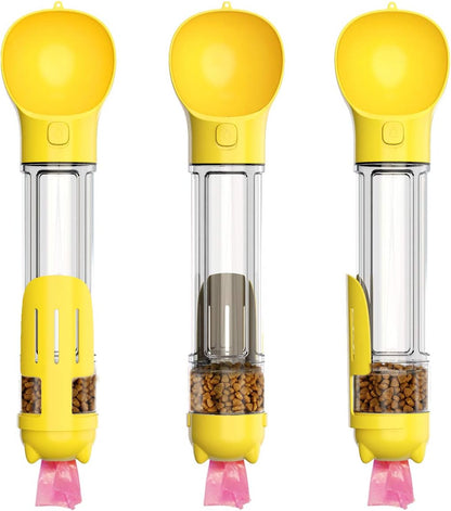 3 in 1 Dog Travel Bottle Set with 17 oz Drinking Feeder, Food Box and Trash Bag Storage | Water Dispenser, for Pets Outdoor Walking and Traveling, Yellow