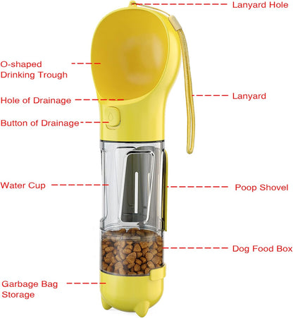 3 in 1 Dog Travel Bottle Set with 17 oz Drinking Feeder, Food Box and Trash Bag Storage | Water Dispenser, for Pets Outdoor Walking and Traveling, Yellow