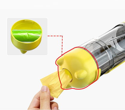3 in 1 Dog Travel Bottle Set with 17 oz Drinking Feeder, Food Box and Trash Bag Storage | Water Dispenser, for Pets Outdoor Walking and Traveling, Yellow