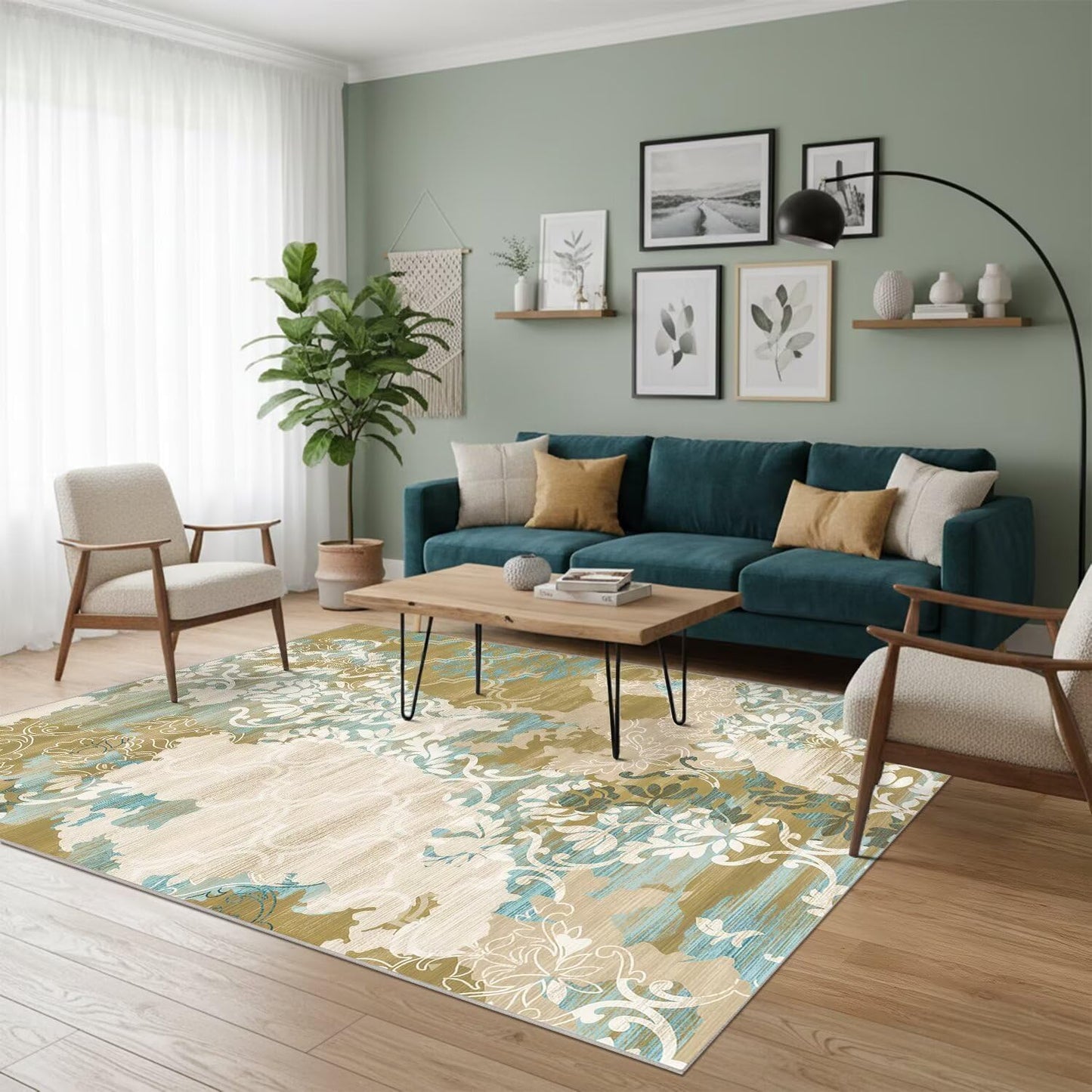 5x7 Area Rugs,Abstract Area Rugs, Modern Washable Non-Slip Rug for Living Room, Bedroom, Dining Room, Soft Low Pile Carpet, Neutral Decor for Home and Office,Abstract Floral - Yellow