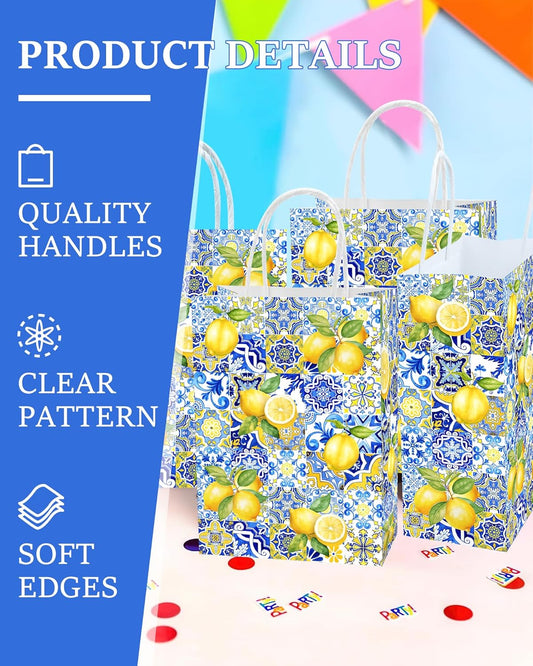 16 Pcs Gift Bags - Capri Party Decorations Favor Bags for Lemon Fans, Positano Themed Decorations Lemon Party Decor Lemon and Blue Celebration Decor