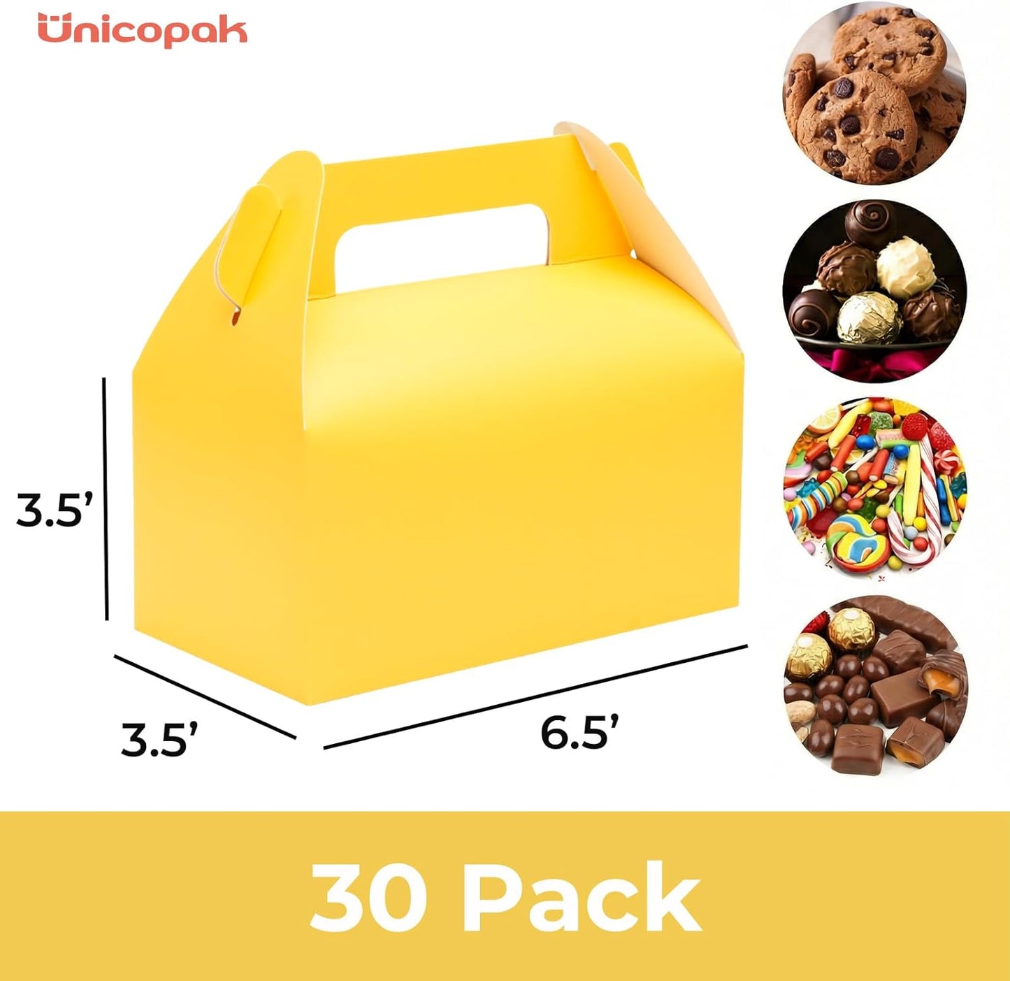 30 Pack Yellow Party Favor Bag Boxes, Gable Gift Boxes for Candies Treats Goodies Cookies, Ideal for Yellow Party Favors, Themed Birthday Party, Valentine's Day, 6.5x3.5x3.5 Inches