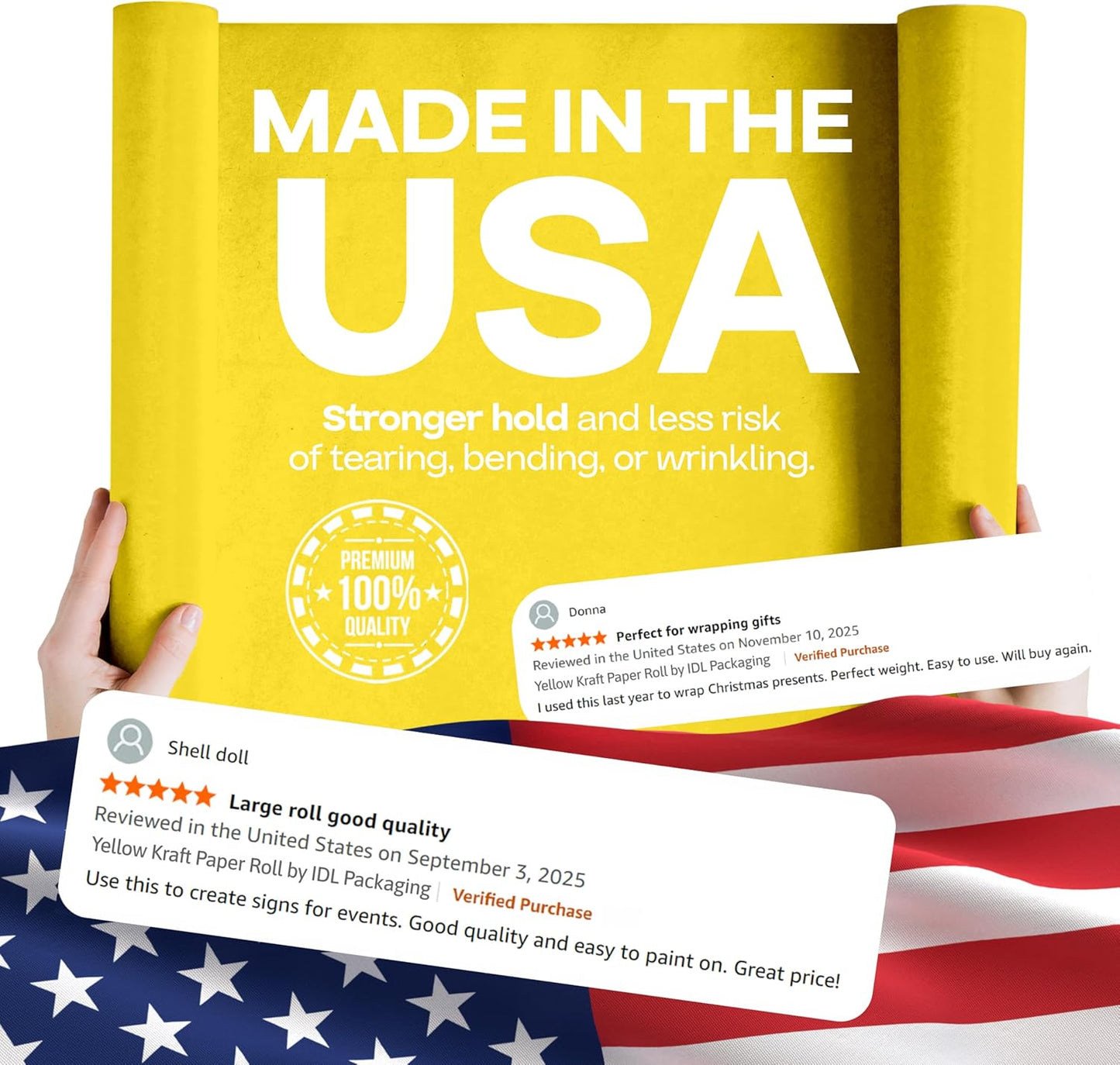 12" x 1200" (100 feet) Yellow Kraft Paper Roll - USA-Made Quality Craft Paper for Gift Wrapping, Kids' Arts & Crafts, School Projects - 100% Recycled Natural Material 50lb Thickness