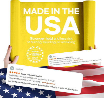 12" x 1200" (100 feet) Yellow Kraft Paper Roll - USA-Made Quality Craft Paper for Gift Wrapping, Kids' Arts & Crafts, School Projects - 100% Recycled Natural Material 50lb Thickness
