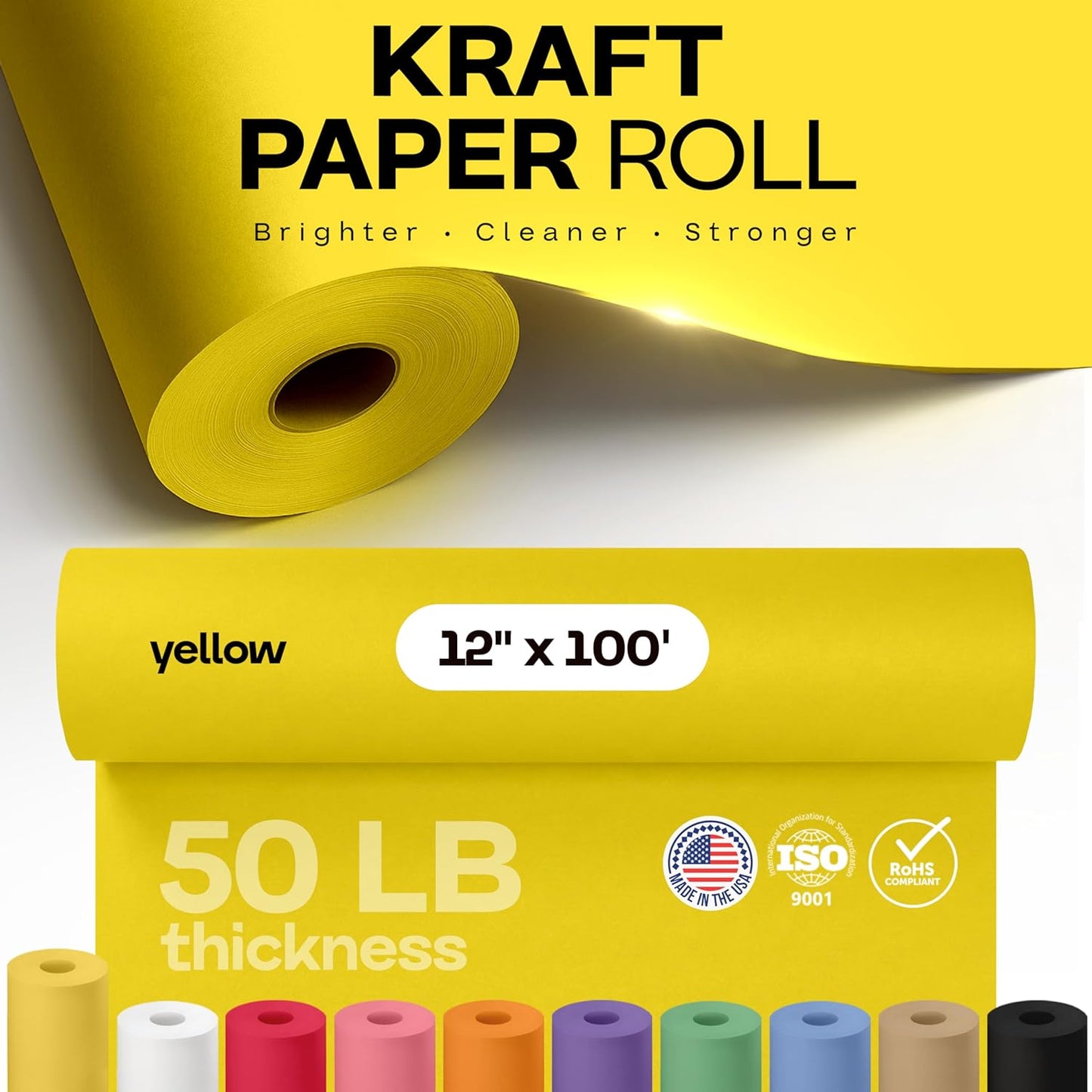12" x 1200" (100 feet) Yellow Kraft Paper Roll - USA-Made Quality Craft Paper for Gift Wrapping, Kids' Arts & Crafts, School Projects - 100% Recycled Natural Material 50lb Thickness