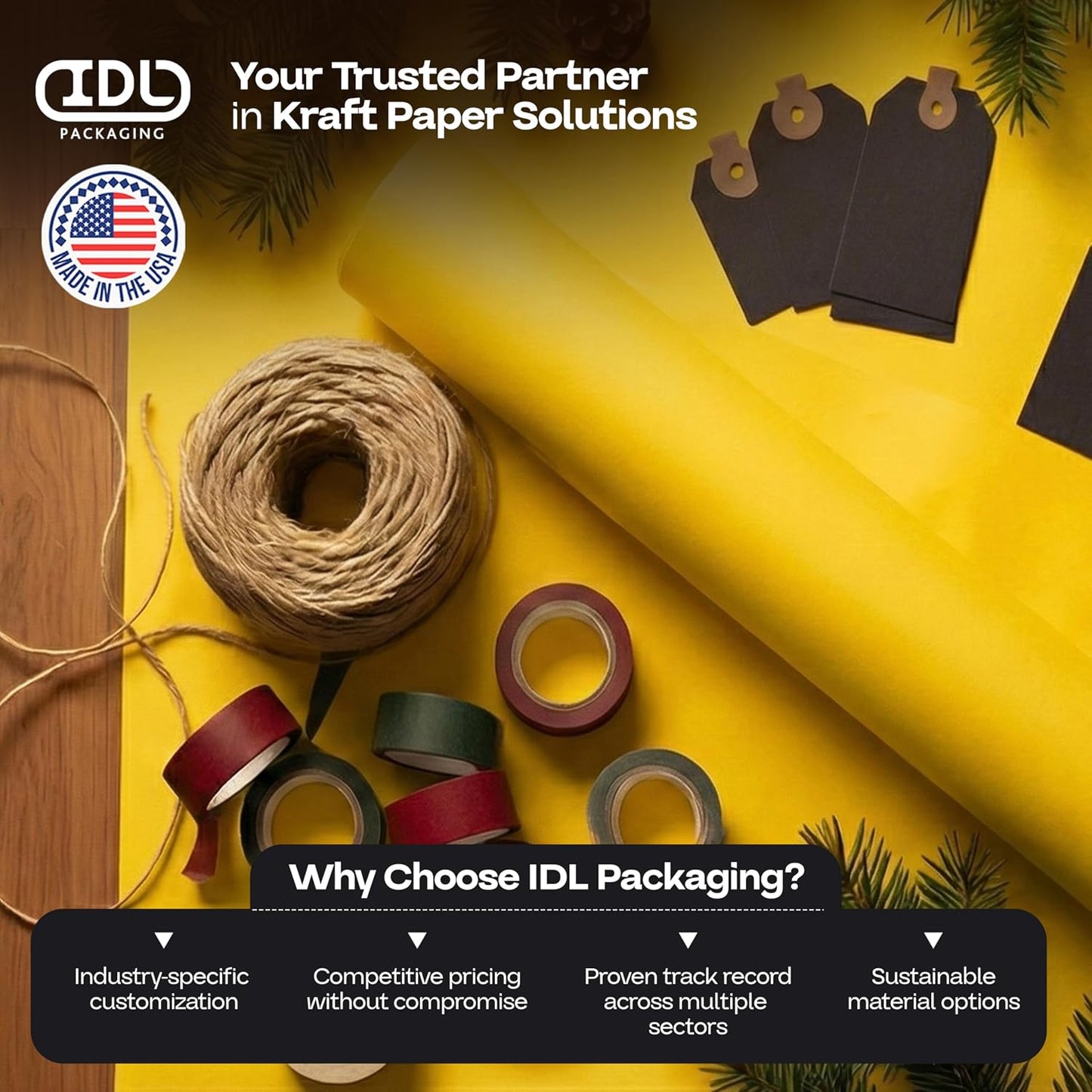 12" x 1200" (100 feet) Yellow Kraft Paper Roll - USA-Made Quality Craft Paper for Gift Wrapping, Kids' Arts & Crafts, School Projects - 100% Recycled Natural Material 50lb Thickness