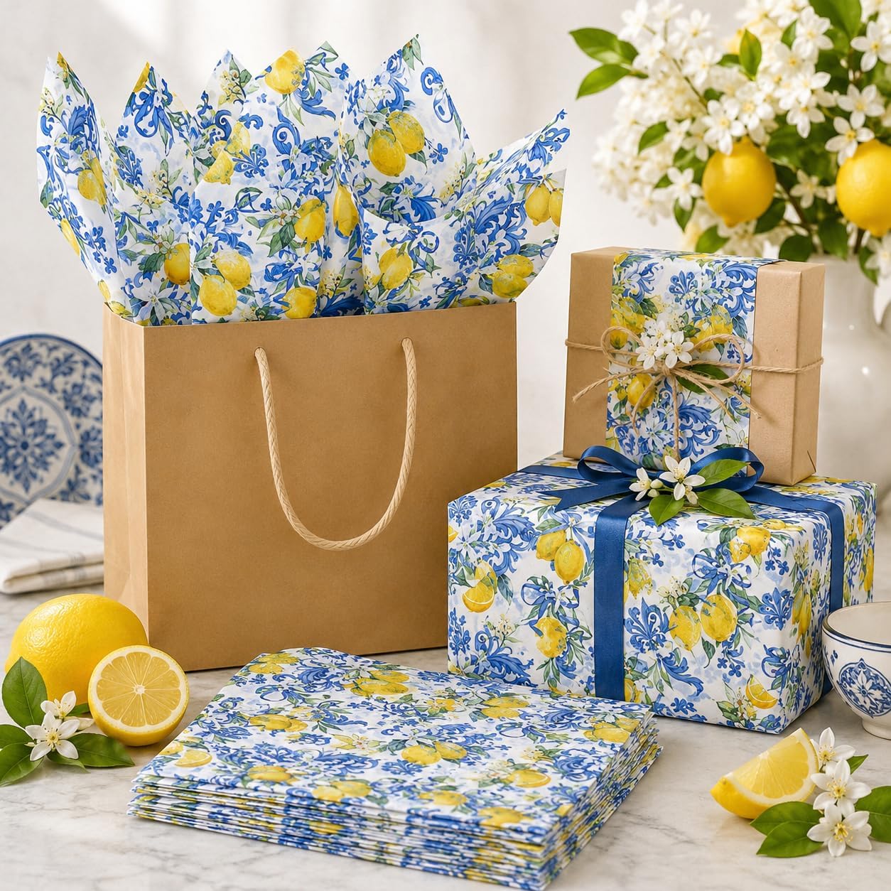 50 Sheets Capri Lemon Tissue Paper, Blue Mediterranean Tile Gift Wrap 14x20 | Yellow Lemon Printed Wrapping Paper for Birthday Baby Shower Wedding Summer Party Gift Bags Boutique Packaging and DIY Crafts