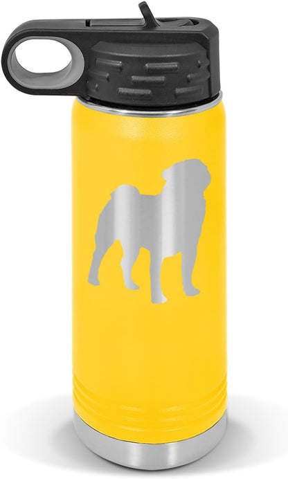 Pug Water Bottle 20 oz - Laser Engraved w/Flip Top Removable Straw - Polar Camel - Stainless - Vacuum Insulated - Drinkware - Dog Canine pet