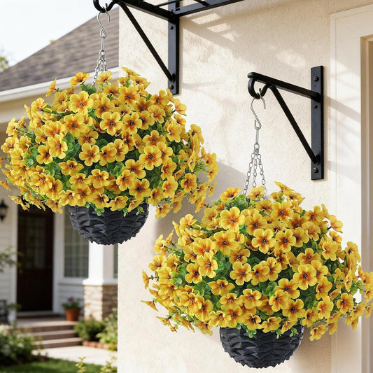 2 Set 19"Artificial Flower & Eucalyptus Hanging Basket for Porch (Yellow) | No-Installation, UV-Resistant Fake Morning Glory Hanging Basket, for Aisle Garden Patio Eaves Yard Outdoor Decor