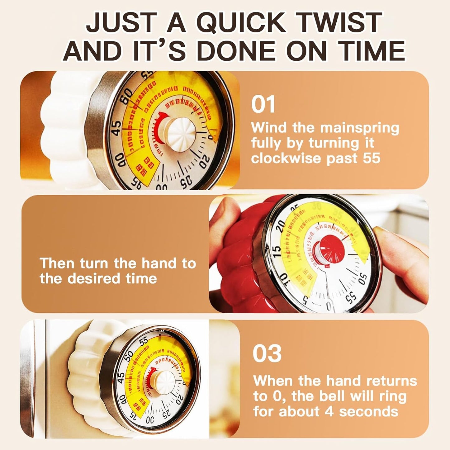 Mechanical Kitchen Timer with Magnet: Wind Up Cooking Timer Clock with Loud Alarm, Kitchen Timers for Cooking, No Battery Manual Food Timer for Baking, BBQ, Seniors & Daily Reminders (Yellow)