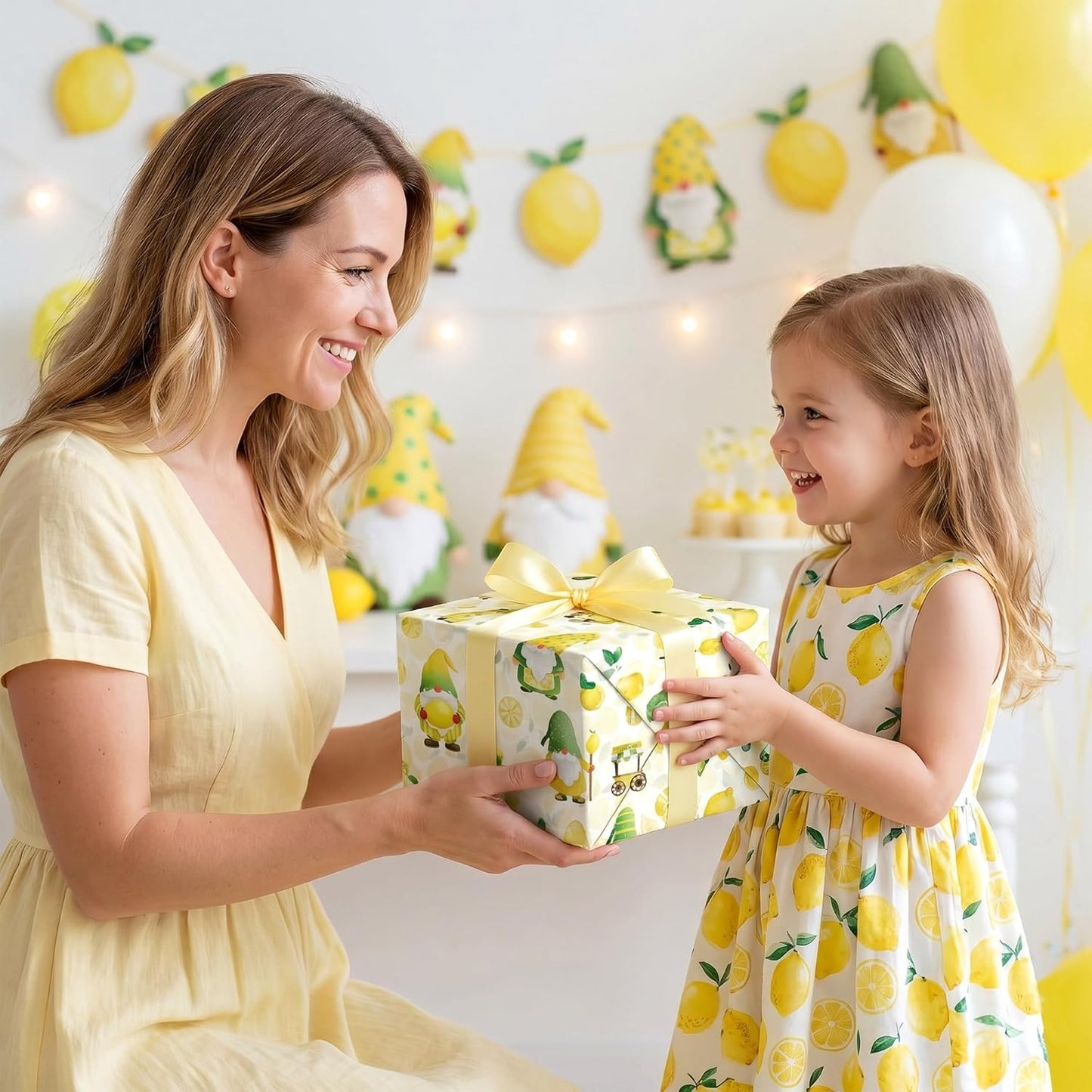 Lemon Gnome Wrapping Paper - Mini Roll - 17 Inch x 16.4 Feet - Watercolor Fresh Lemon Gift Wrap Yellow Green Citrus Fruit Gift Packing Paper for Spring Summer Birthday Party Supplies