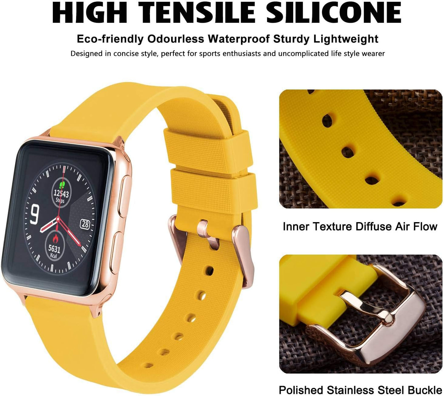 WOCCI 21mm Silicone Watch Band with Rose Gold Buckle, Soft Rubber Replacement Straps with Quick Release (Yellow)