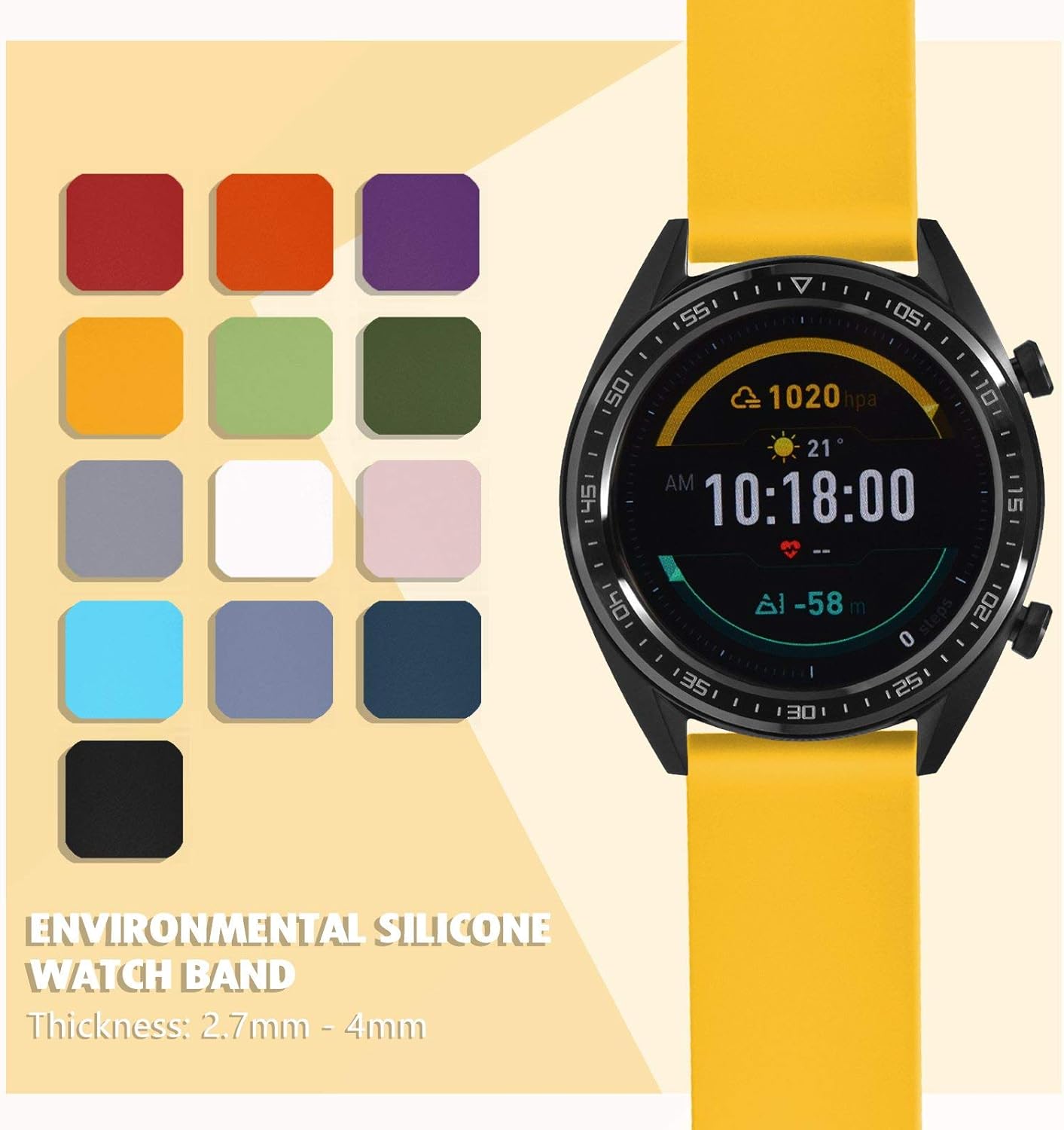WOCCI 21mm Silicone Watch Band with Rose Gold Buckle, Soft Rubber Replacement Straps with Quick Release (Yellow)