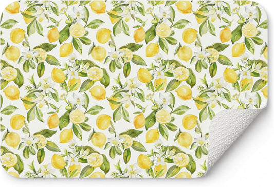Summer Italian Lemon Dish Drying Mat 16x24 Inch | Lemon Kitchen Decor Accessories,Summer Lemon Floral Botanical Dish Drying Coffee Mat for Kitchen Countertops Coffee Maker