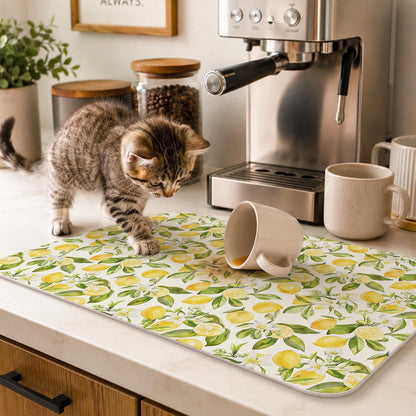Summer Italian Lemon Dish Drying Mat 16x24 Inch | Lemon Kitchen Decor Accessories,Summer Lemon Floral Botanical Dish Drying Coffee Mat for Kitchen Countertops Coffee Maker