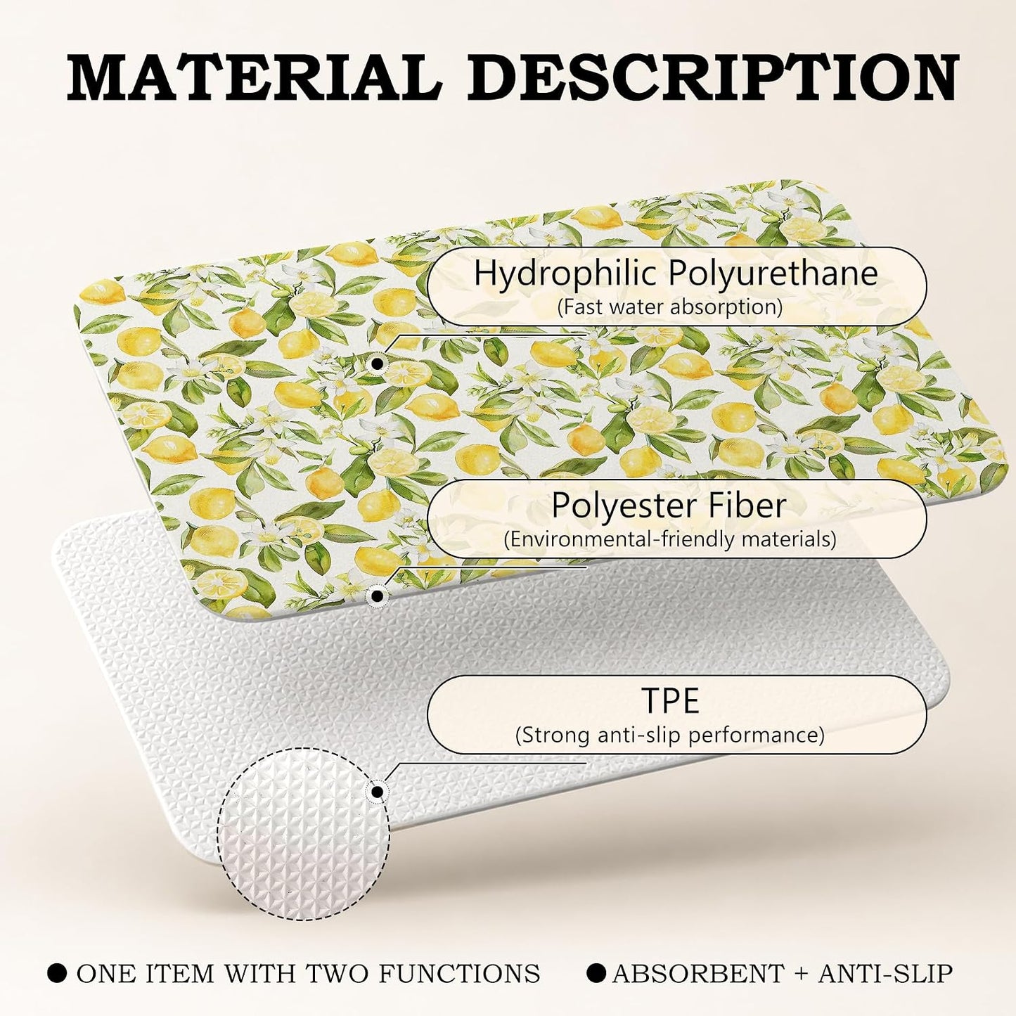Summer Italian Lemon Dish Drying Mat 16x24 Inch | Lemon Kitchen Decor Accessories,Summer Lemon Floral Botanical Dish Drying Coffee Mat for Kitchen Countertops Coffee Maker