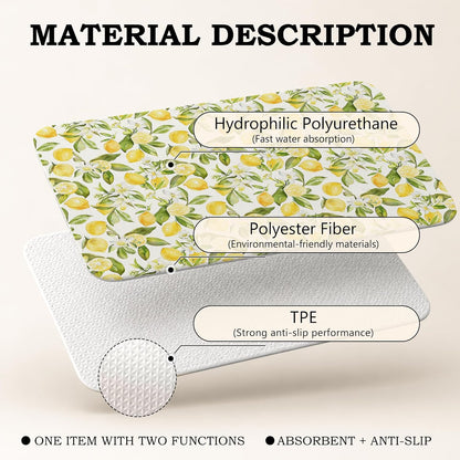 Summer Italian Lemon Dish Drying Mat 16x24 Inch | Lemon Kitchen Decor Accessories,Summer Lemon Floral Botanical Dish Drying Coffee Mat for Kitchen Countertops Coffee Maker