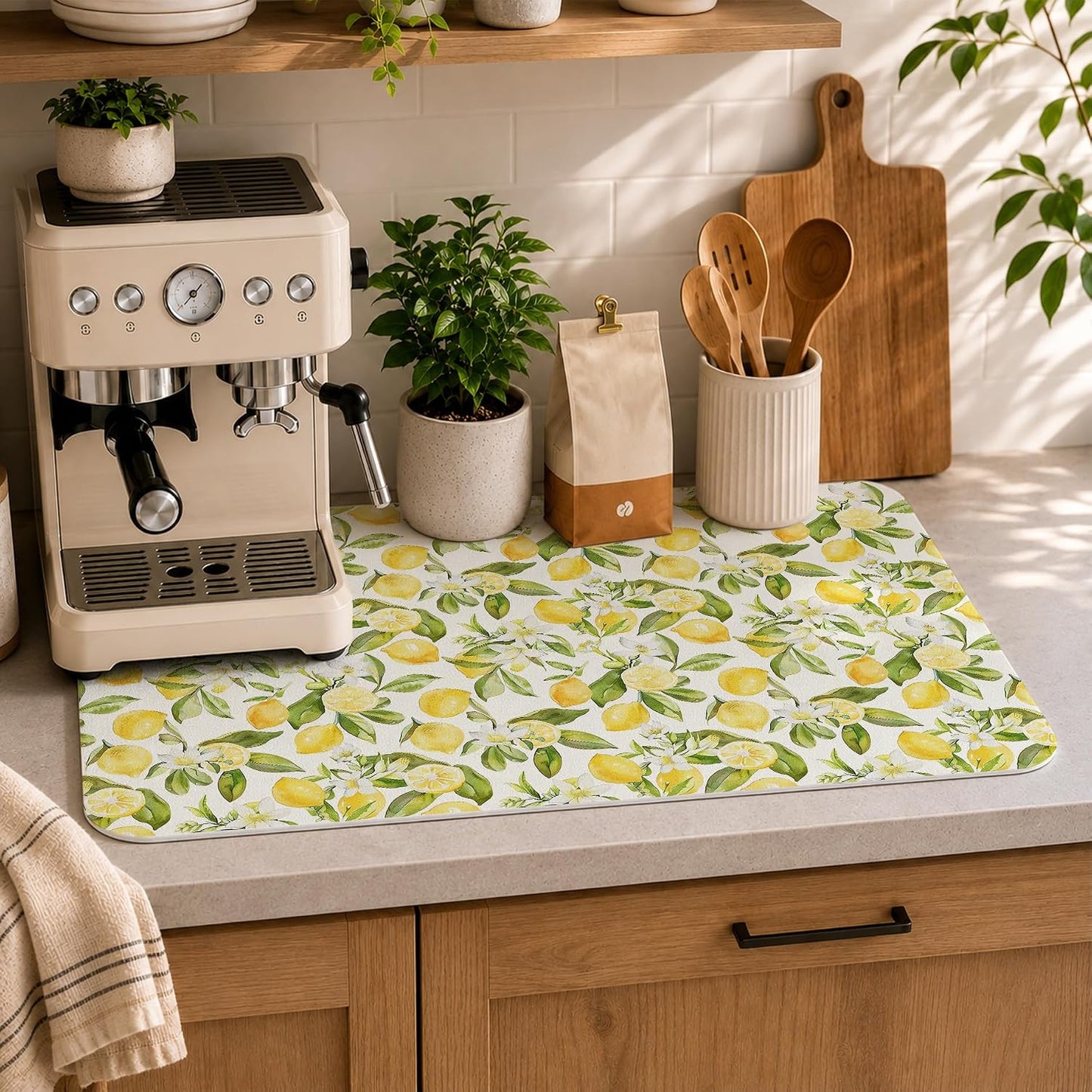 Summer Italian Lemon Dish Drying Mat 16x24 Inch | Lemon Kitchen Decor Accessories,Summer Lemon Floral Botanical Dish Drying Coffee Mat for Kitchen Countertops Coffee Maker