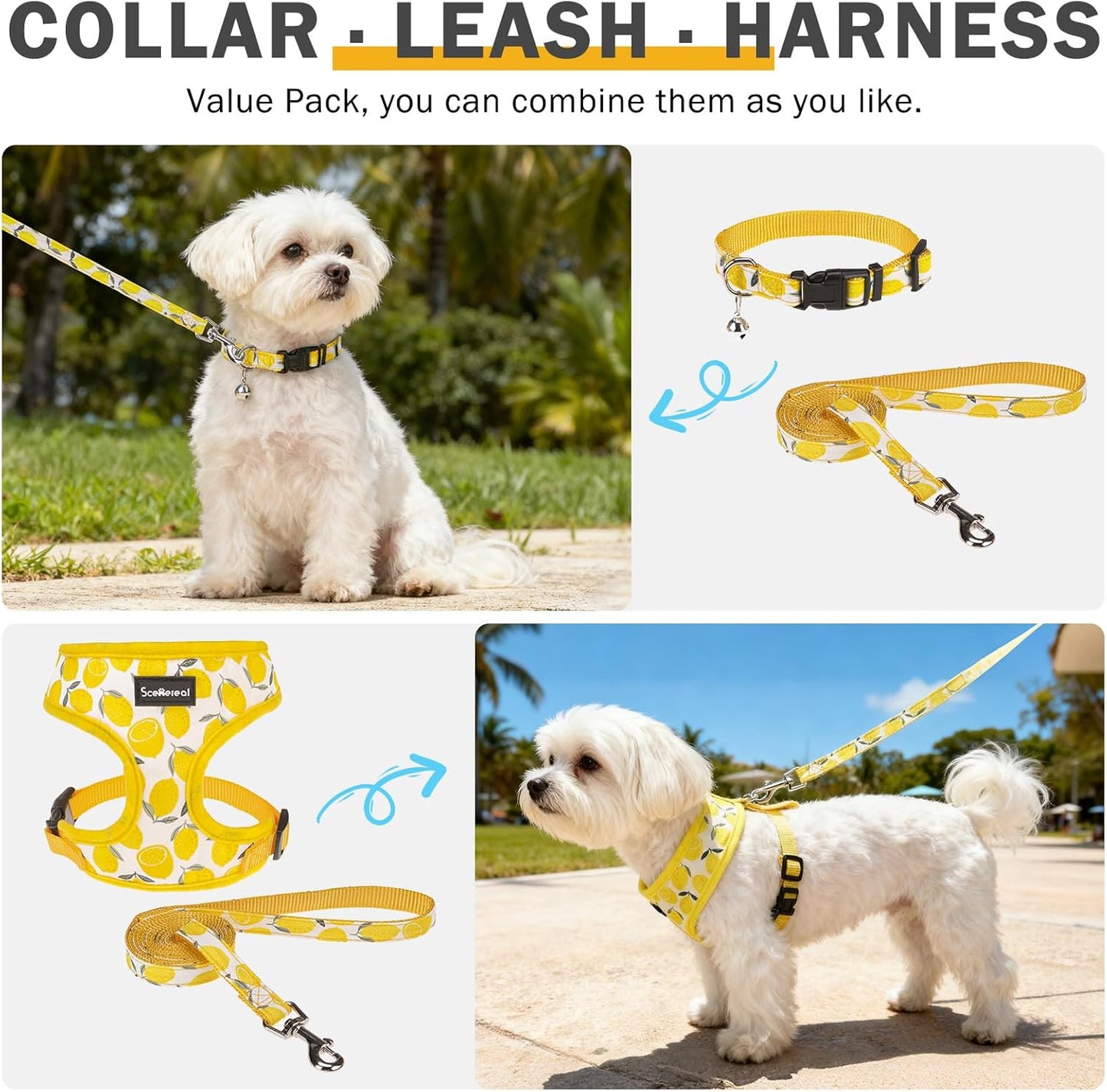Small Dog Harness Collar and Leash Set, Lemon Yellow, S | Soft Mesh Puppy Harness, Spring Summer No Pull Vest for Dogs Cats Girls Boys, Chihuahua, Yorkie