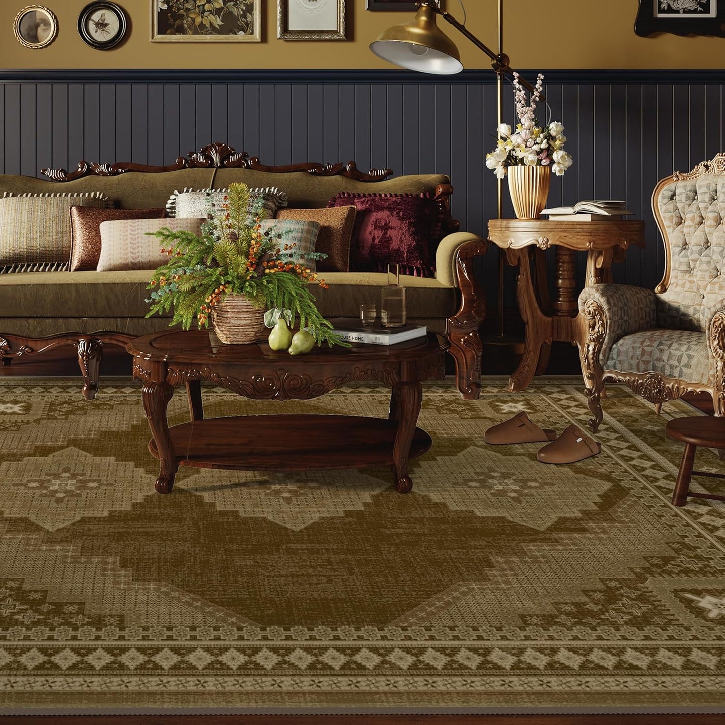 Vintage Area Rug 6x9 - Washable Ultra-Thin Area Rug Non-Slip Carpets - Soft & Stain Resistant Rug for Home Bedroom Dining Room Home Office Indoor Brown Yellow