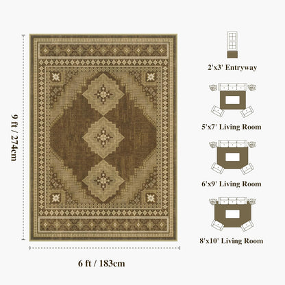 Vintage Area Rug 6x9 - Washable Ultra-Thin Area Rug Non-Slip Carpets - Soft & Stain Resistant Rug for Home Bedroom Dining Room Home Office Indoor Brown Yellow