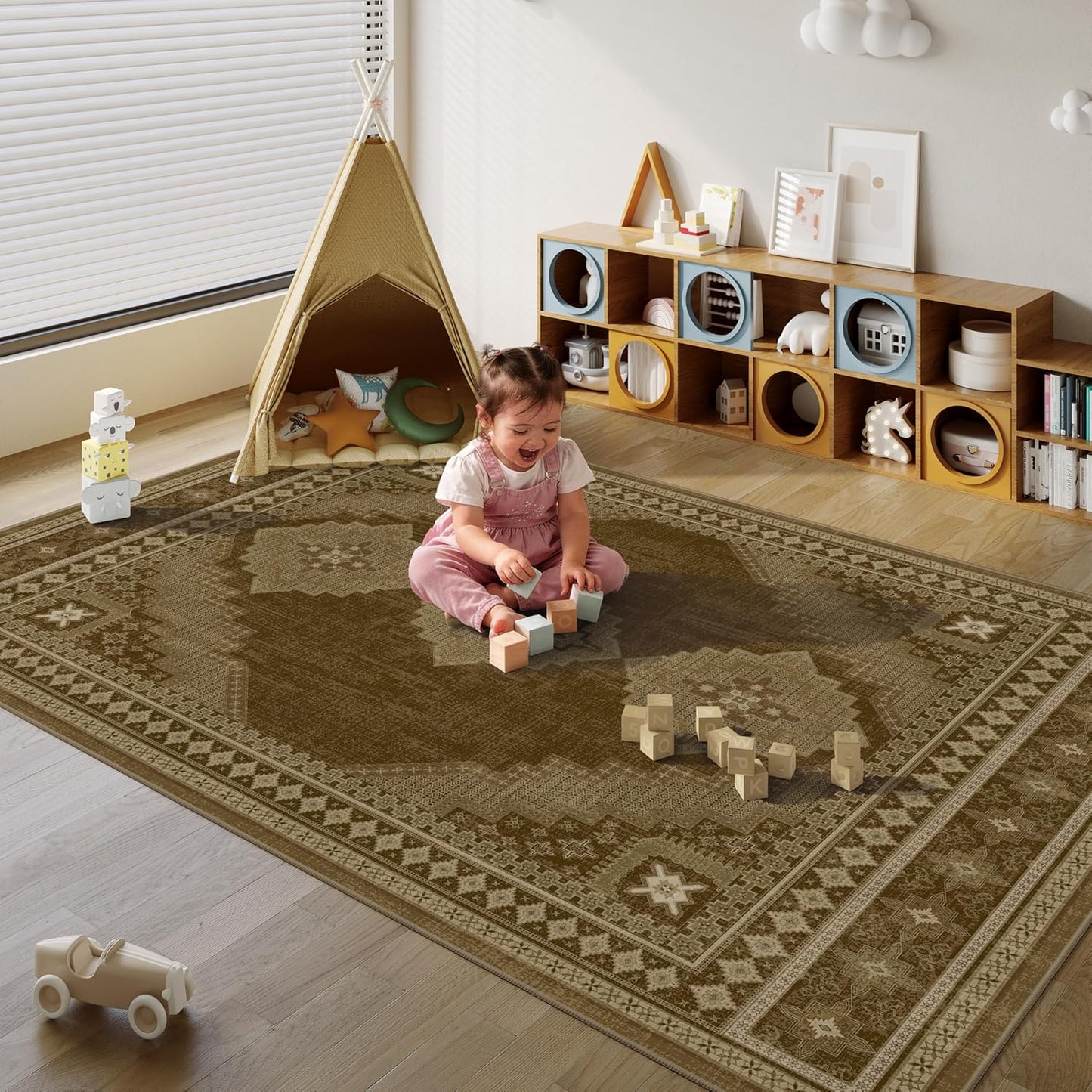 Vintage Area Rug 6x9 - Washable Ultra-Thin Area Rug Non-Slip Carpets - Soft & Stain Resistant Rug for Home Bedroom Dining Room Home Office Indoor Brown Yellow